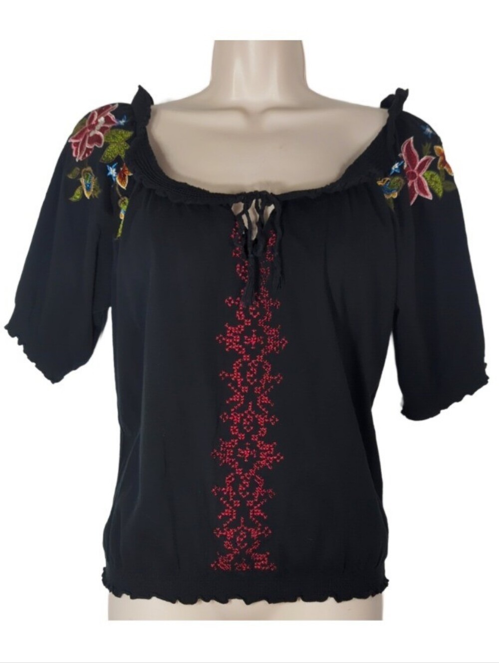 🚨3/$20! Adobe Rose Buckle Black Embroidered Floral Peasant Milkmaid Top Small